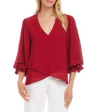 Karen Kane Silky Crepe V-Neck 3/4 Layered Sleeve Crossover Asymmetric Top
