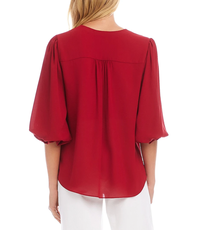 Karen Kane Silky Crepe V-Neck 3/4 Layered Sleeve Crossover Asymmetric Top