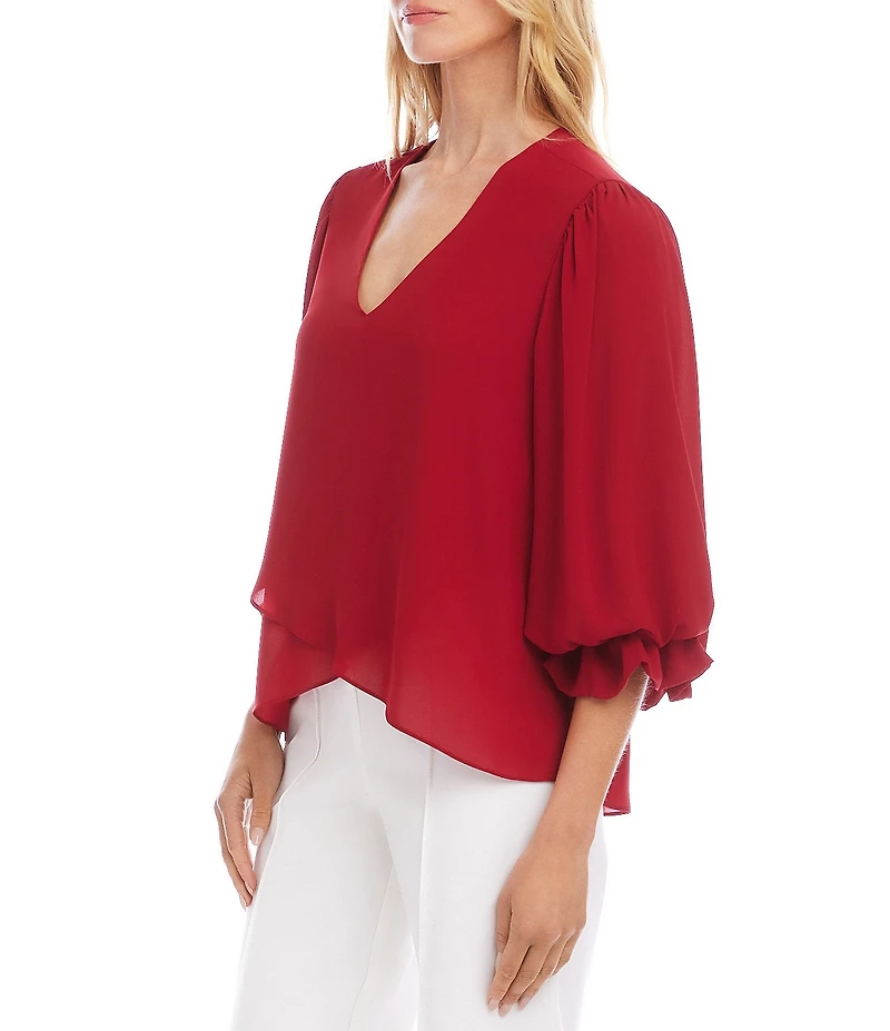 Karen Kane Silky Crepe V-Neck 3/4 Layered Sleeve Crossover Asymmetric Top