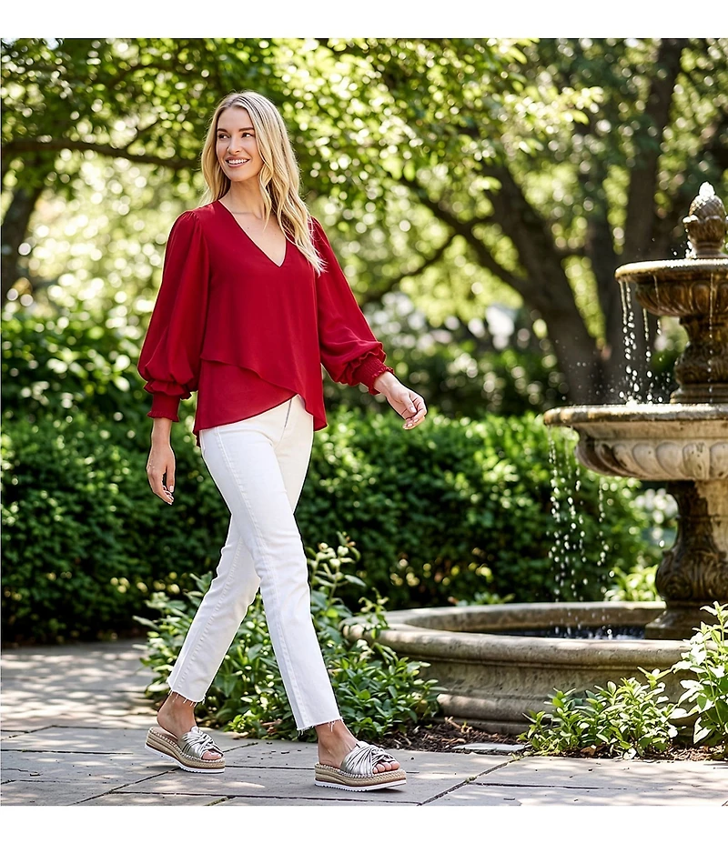 Karen Kane Silky Crepe V-Neck 3/4 Layered Sleeve Crossover Asymmetric Top