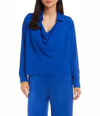 Karen Kane Silky Crepe Collared Cowl Neck Long Sleeve Top