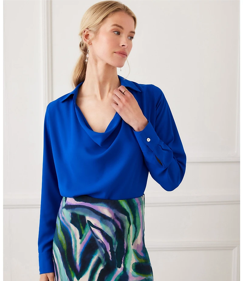 Karen Kane Silky Crepe Collared Cowl Neck Long Sleeve Top