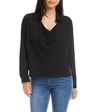 Karen Kane Silky Crepe Collared Cowl Neck Long Sleeve Top