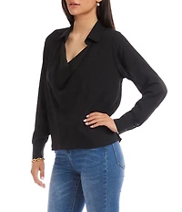 Karen Kane Silky Crepe Collared Cowl Neck Long Sleeve Top
