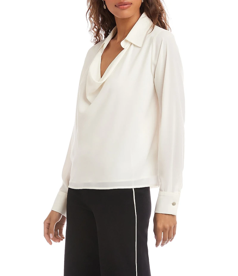 Karen Kane Silky Crepe Collared Cowl Neck Long Sleeve Top