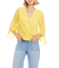 Karen Kane Silky Crepe Draped Crossover V-Neck 3/4 Flared Sleeve Top