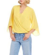 Karen Kane Silky Crepe Draped Crossover V-Neck 3/4 Flared Sleeve Top