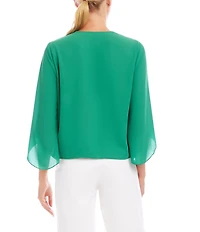 Karen Kane Silky Crepe Draped Crossover V-Neck 3/4 Flared Sleeve Top