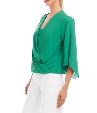 Karen Kane Silky Crepe Draped Crossover V-Neck 3/4 Flared Sleeve Top