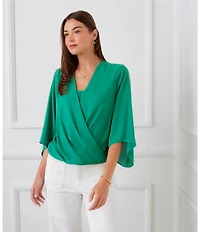 Karen Kane Silky Crepe Draped Crossover V-Neck 3/4 Flared Sleeve Top