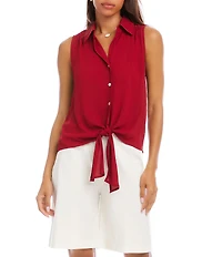 Karen Kane Silky Crepe Point Collar Sleeveless Tie Front Shirt