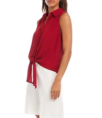 Karen Kane Silky Crepe Point Collar Sleeveless Tie Front Shirt