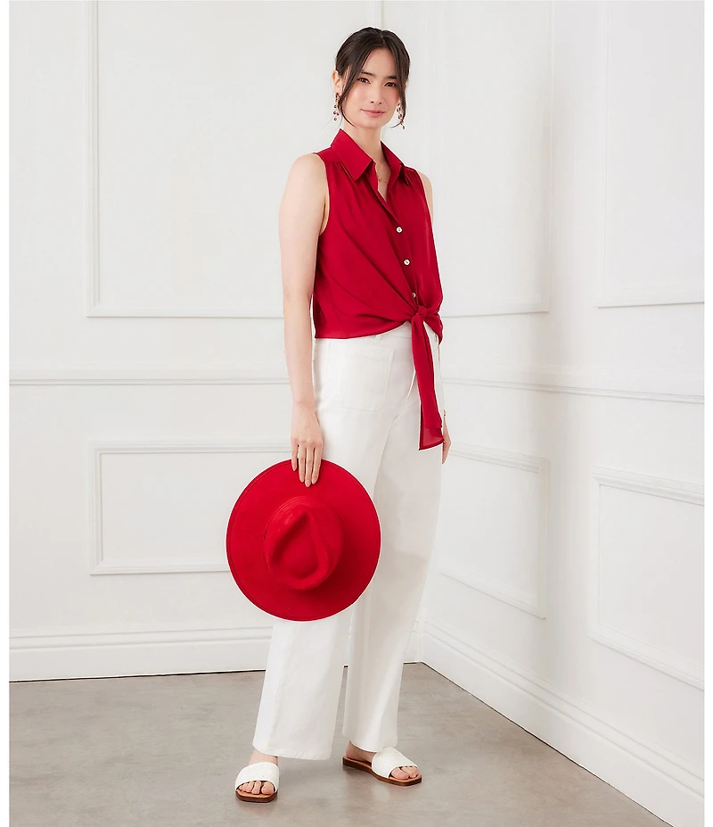 Karen Kane Silky Crepe Point Collar Sleeveless Tie Front Shirt