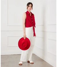 Karen Kane Silky Crepe Point Collar Sleeveless Tie Front Shirt