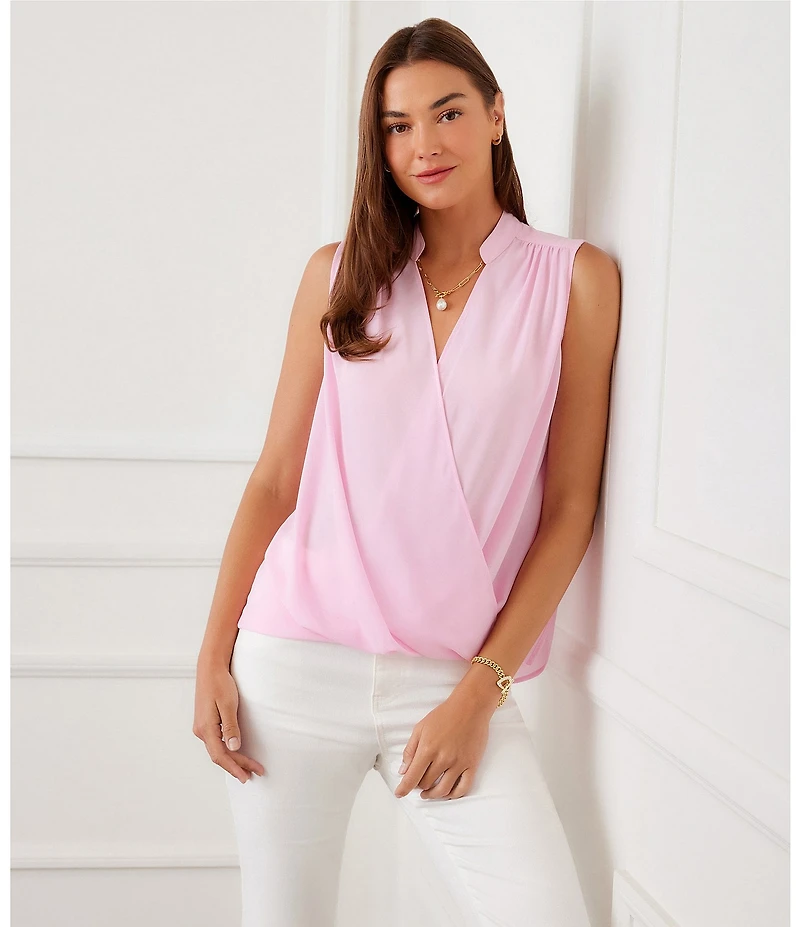 Karen Kane Silky Crepe V- Neck Sleeveless Draped Front Top