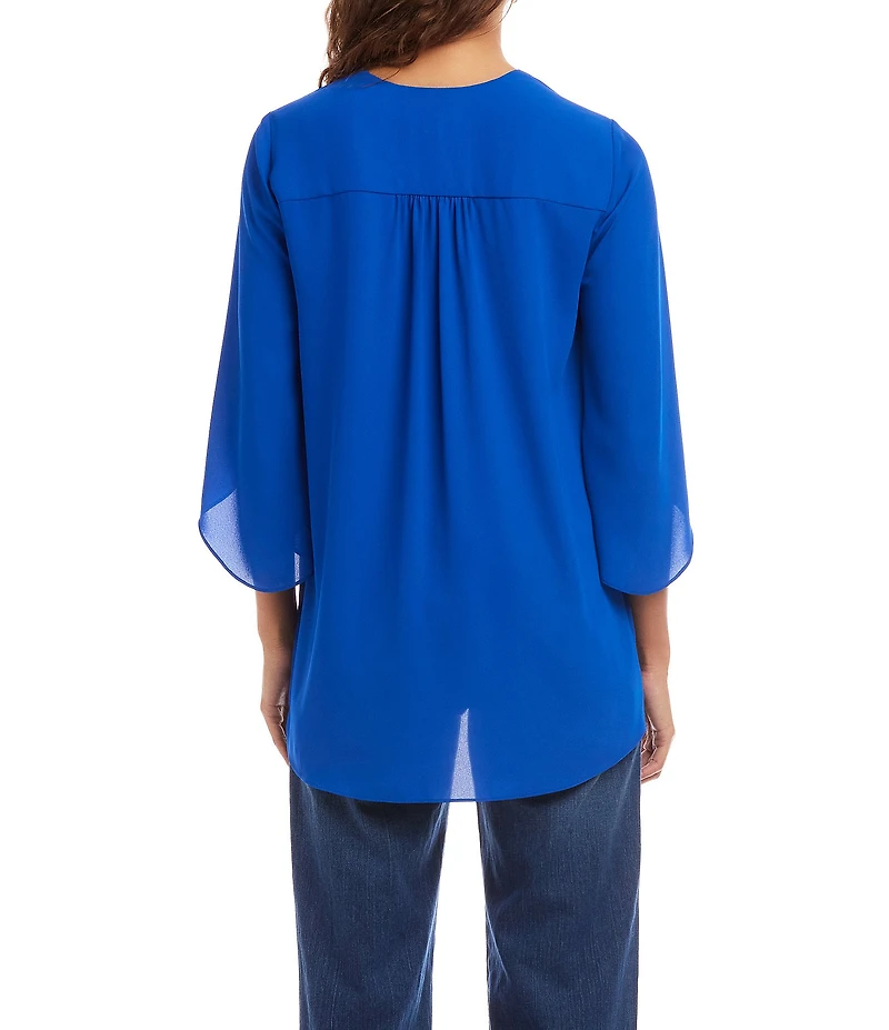 Karen Kane Silky Crepe V-Neck 3/4 Flare Sleeve Asymmetric Crossover Hem Top