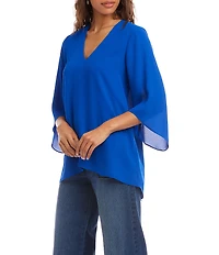 Karen Kane Silky Crepe V-Neck 3/4 Flare Sleeve Asymmetric Crossover Hem Top