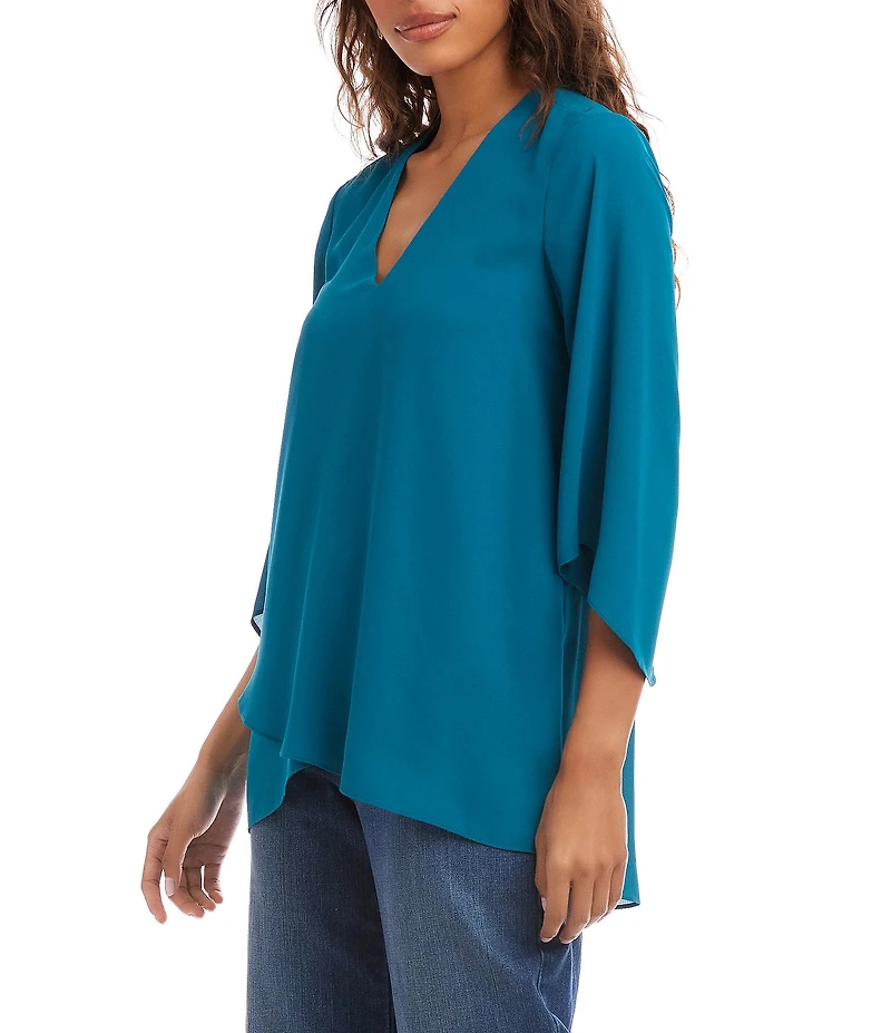Karen Kane Silky Crepe V-Neck 3/4 Flare Sleeve Asymmetric Crossover Hem Top