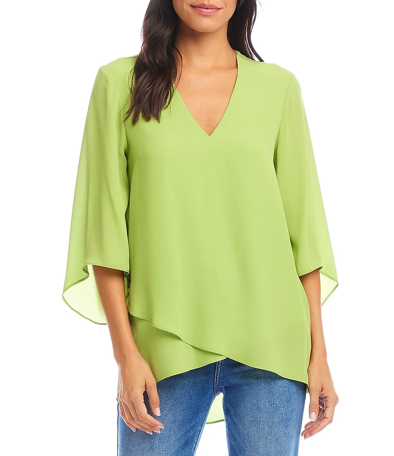 Karen Kane Silky Crepe V-Neck 3/4 Flare Sleeve Asymmetric Top