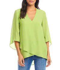 Karen Kane Silky Crepe V-Neck 3/4 Flare Sleeve Asymmetric Top