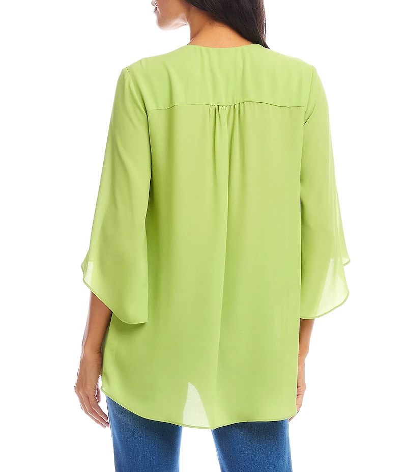 Karen Kane Silky Crepe V-Neck 3/4 Flare Sleeve Asymmetric Top