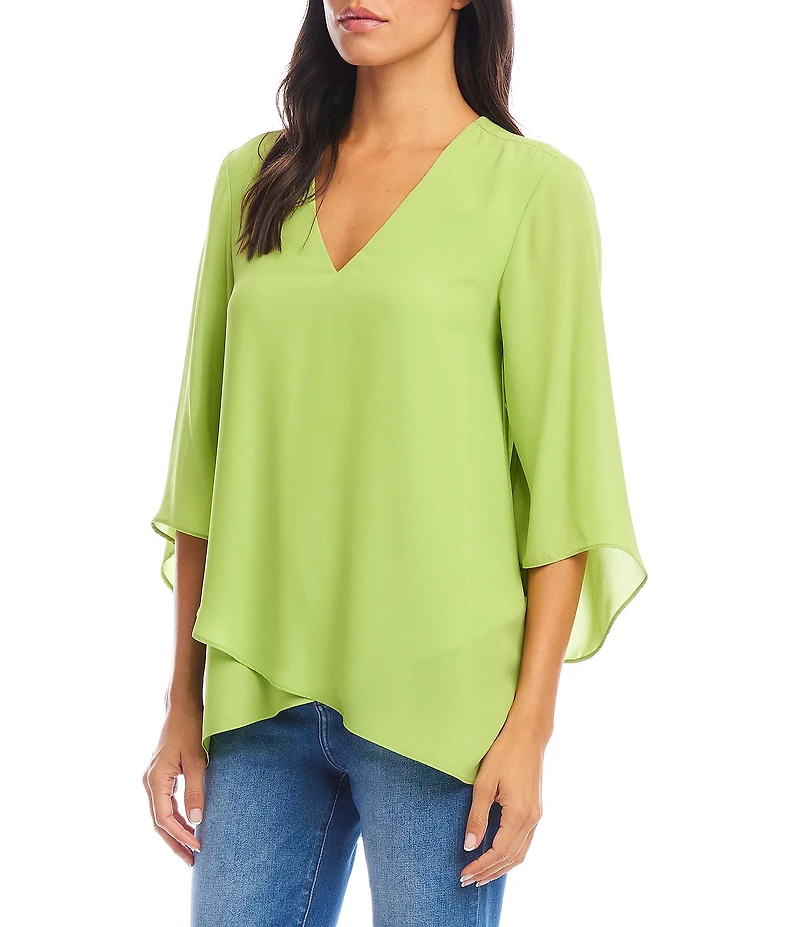 Karen Kane Silky Crepe V-Neck 3/4 Flare Sleeve Asymmetric Top