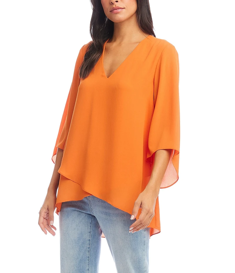 Karen Kane Silky Crepe V-Neck 3/4 Flare Sleeve Asymmetric Top