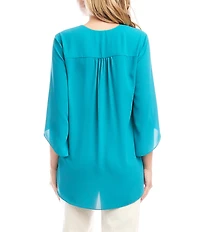 Karen Kane Silky Crepe V-Neck 3/4 Flare Sleeve Asymmetric Top