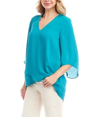Karen Kane Silky Crepe V-Neck 3/4 Flare Sleeve Asymmetric Top