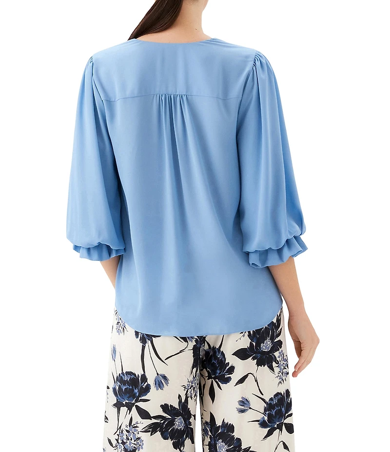 Karen Kane Silky Crepe V-Neck 3/4 Flared Sleeve Asymmetric Hem Top