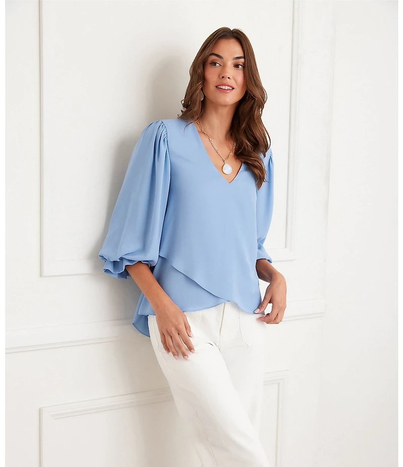 Karen Kane Silky Crepe V-Neck 3/4 Flared Sleeve Asymmetric Hem Top