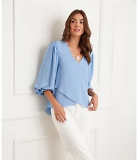 Karen Kane Silky Crepe V-Neck 3/4 Flared Sleeve Asymmetric Hem Top