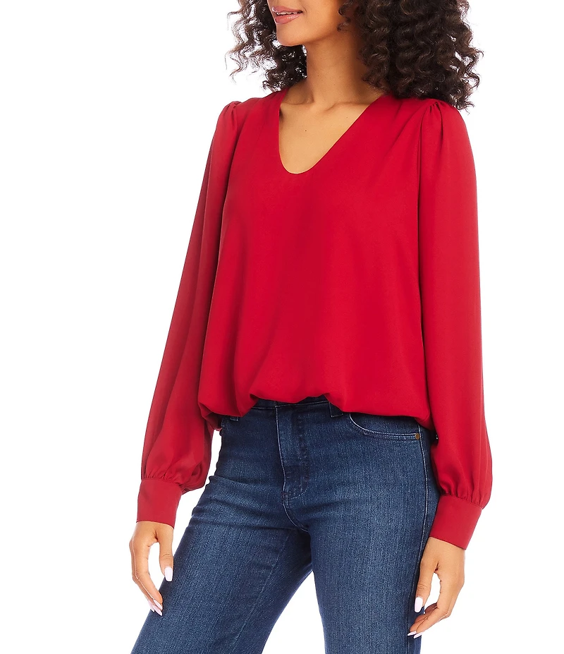 Karen Kane Silky Crepe V-Neck Long Puff Sleeve Top