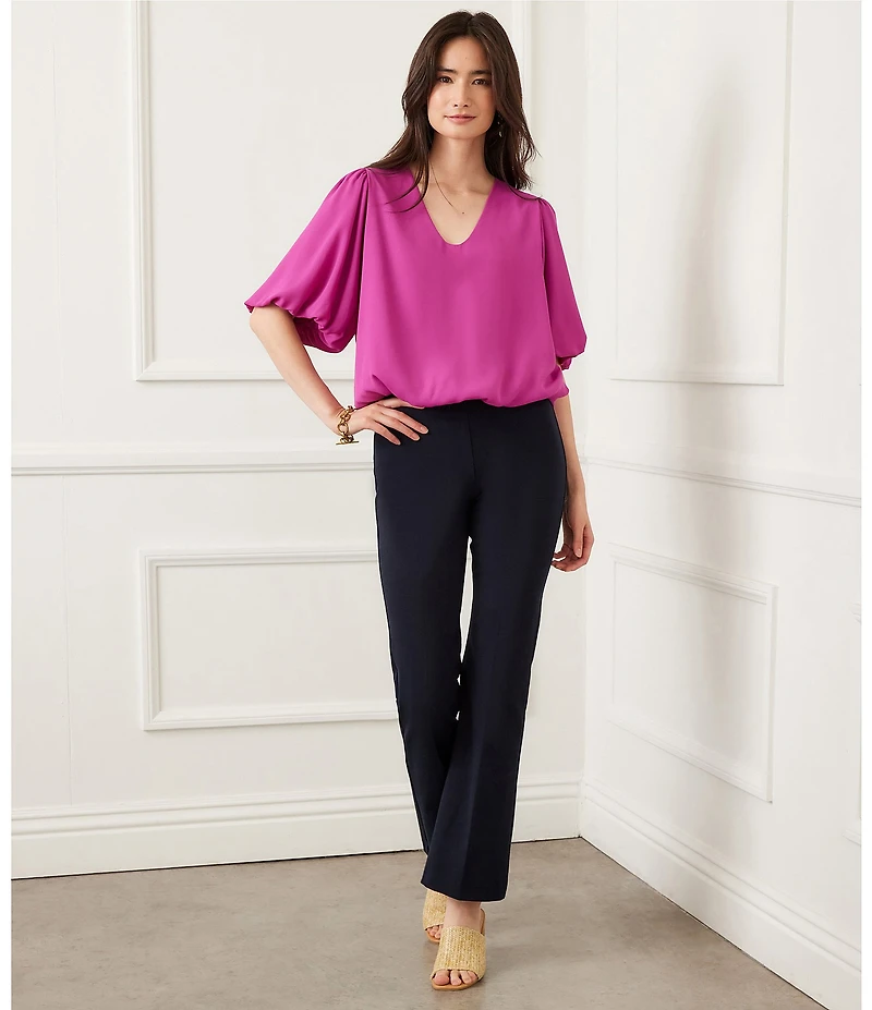 Karen Kane Silky Crepe V-Neck Short Puff Sleeve Top