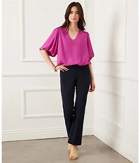 Karen Kane Silky Crepe V-Neck Short Puff Sleeve Top