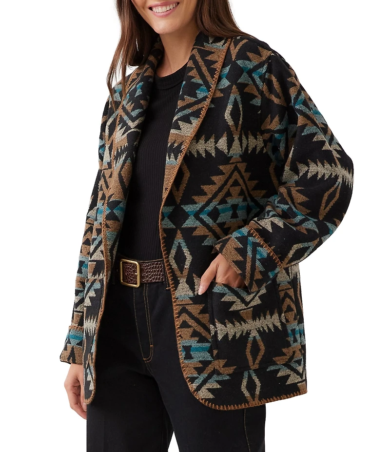 Karen Kane Soft Blanket Geometric Print Shawl Collar Long Sleeve Open Front Ranch Jacket