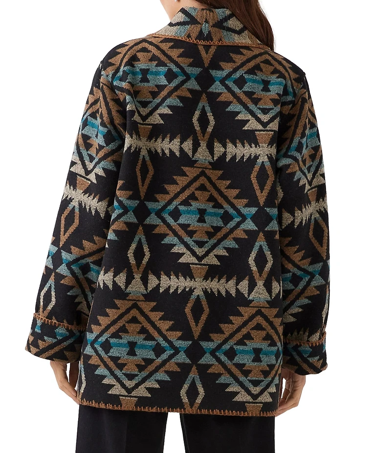 Karen Kane Soft Blanket Geometric Print Shawl Collar Long Sleeve Open Front Ranch Jacket