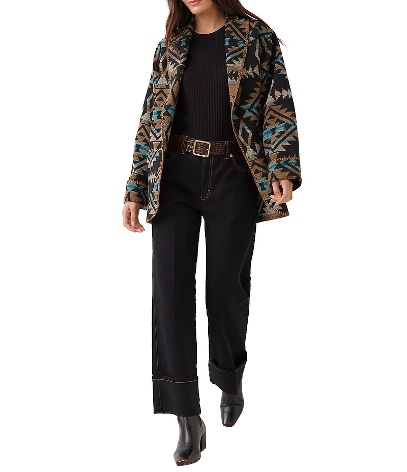 Karen Kane Soft Blanket Geometric Print Shawl Collar Long Sleeve Open Front Ranch Jacket