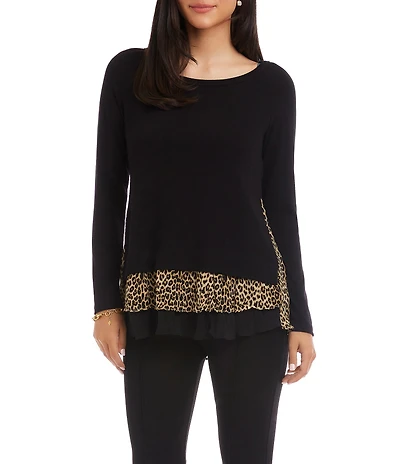 Karen Kane Soft Knit Layered Contrast Leopard Crew Neck Long Sleeve Top