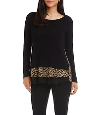 Karen Kane Soft Knit Layered Contrast Leopard Crew Neck Long Sleeve Top