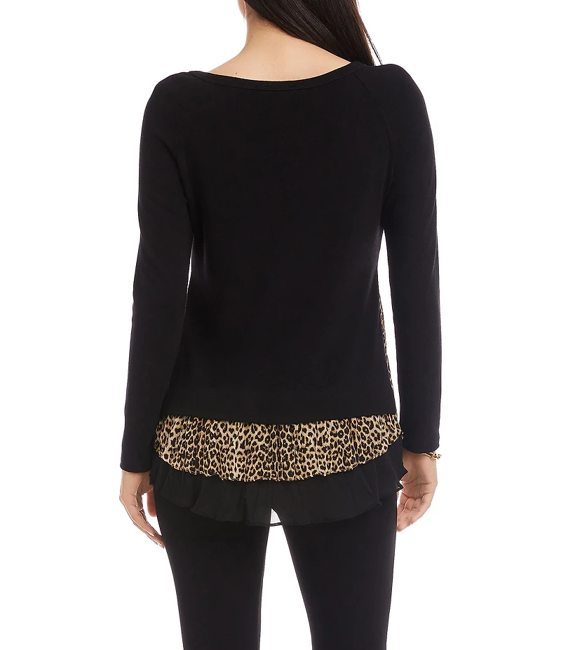 Karen Kane Soft Knit Layered Contrast Leopard Crew Neck Long Sleeve Top