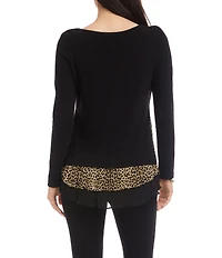 Karen Kane Soft Knit Layered Contrast Leopard Crew Neck Long Sleeve Top