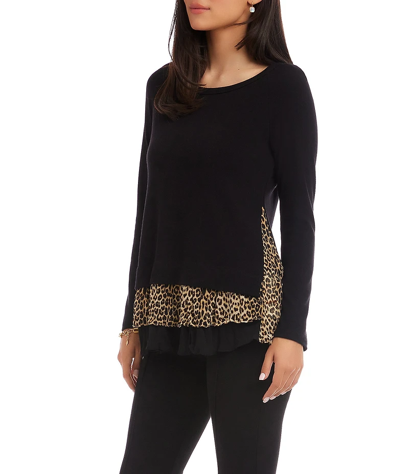 Karen Kane Soft Knit Layered Contrast Leopard Crew Neck Long Sleeve Top