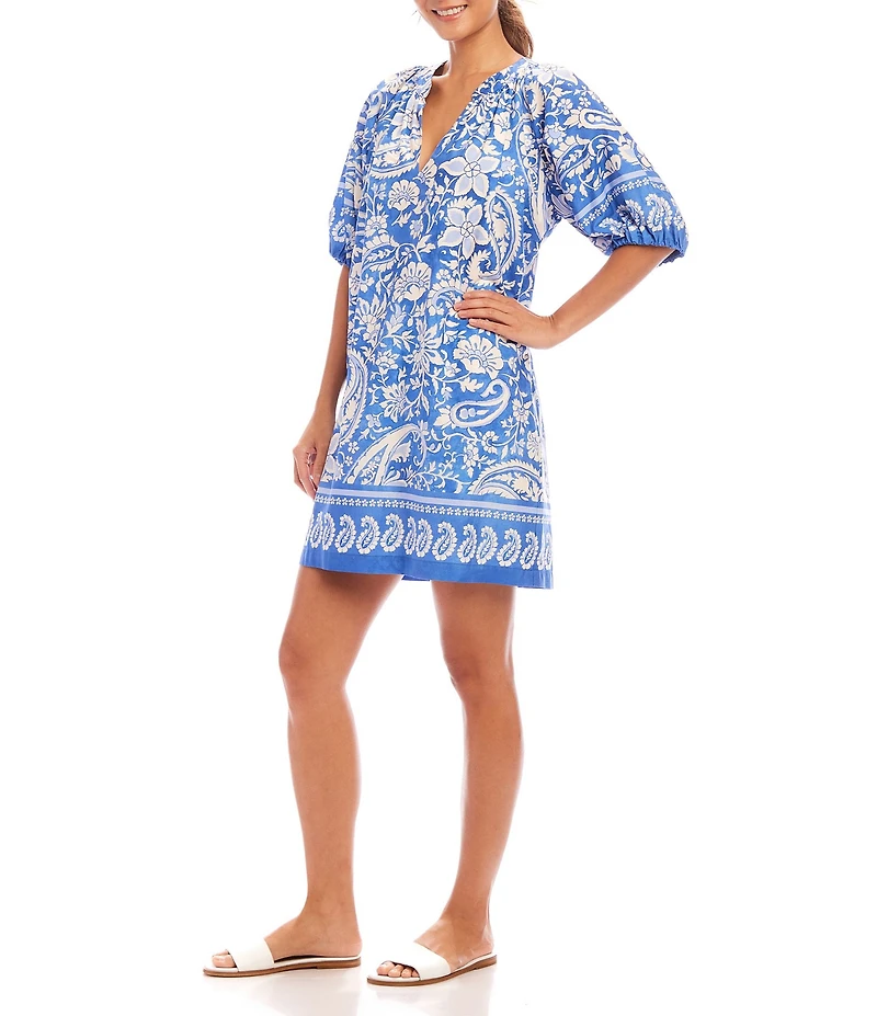 Karen Kane Split V-Neck Short Sleeve Floral Paisley Print Dress