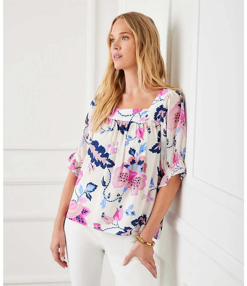 Karen Kane Square Neck Short Sleeve Floral Print Blouse