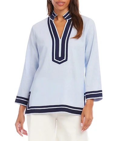 Karen Kane St. Tropez Linen Blend Contrast Trim Mandarin Collar Split V-Neck Long Sleeve Tunic
