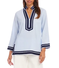 Karen Kane St. Tropez Linen Blend Contrast Trim Mandarin Collar Split V-Neck Long Sleeve Tunic