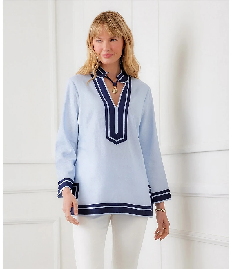 Karen Kane St. Tropez Linen Blend Contrast Trim Mandarin Collar Split V-Neck Long Sleeve Tunic