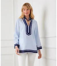 Karen Kane St. Tropez Linen Blend Contrast Trim Mandarin Collar Split V-Neck Long Sleeve Tunic