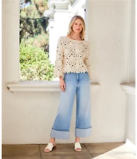 Karen Kane Stretch Denim Wide Leg Cropped Wide Cuff Jean